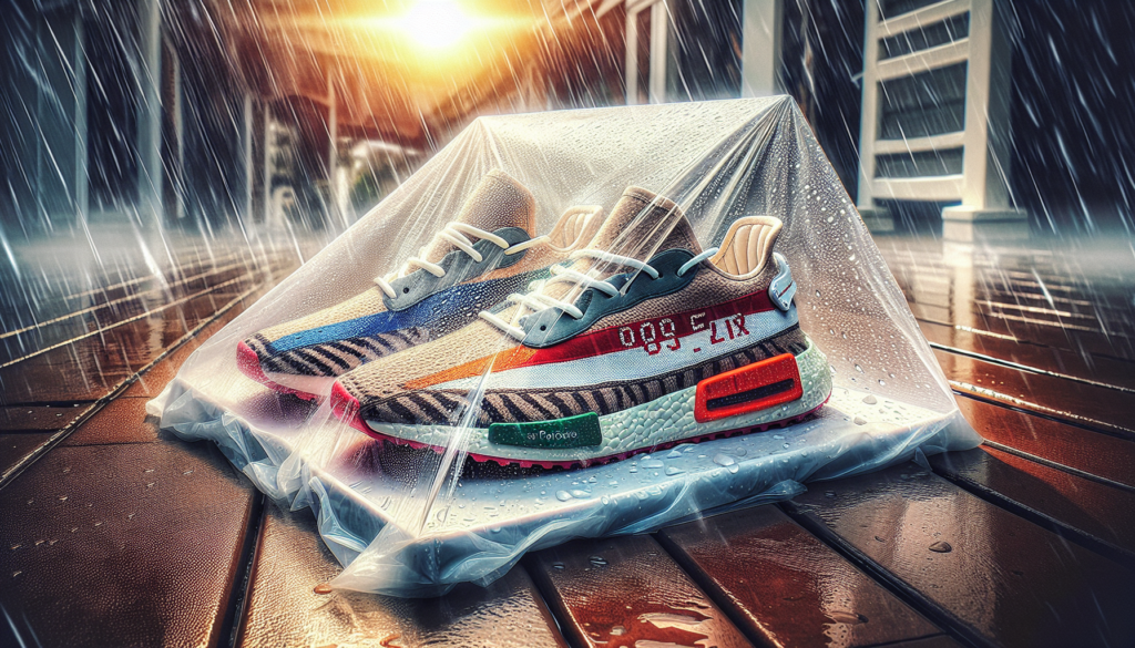 Des baskets protégées par une housse transparente contre la pluie, la neige et les rayons du soleil.