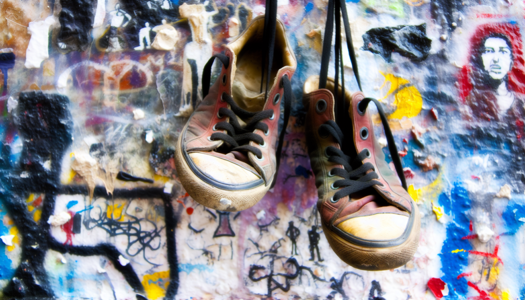 Une paire de baskets usées suspendue à un mur couvert de graffitis.