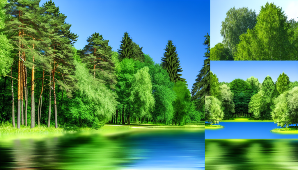 Un lac serein et réaliste entouré d'arbres verdoyants sous un ciel bleu clair.