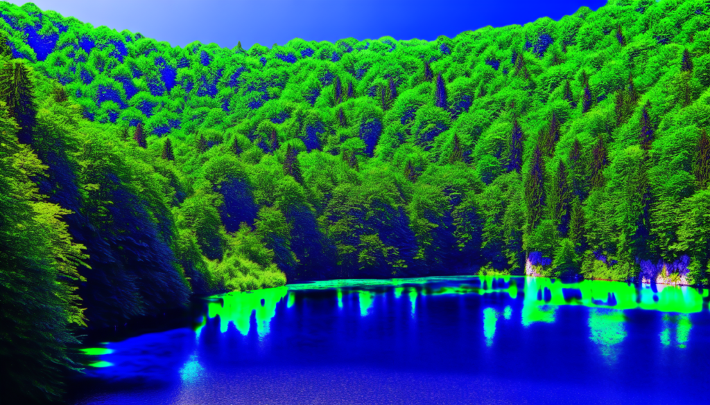 Une image réaliste d'un lac serein entouré d'arbres verdoyants sous un ciel bleu clair.