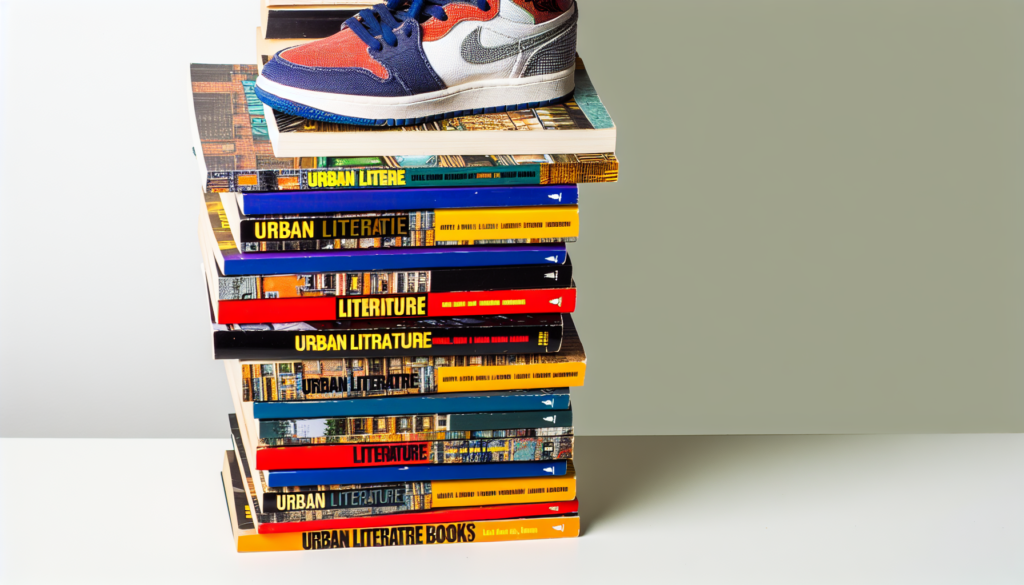 Pile de livres de littérature urbaine avec des baskets posées dessus.