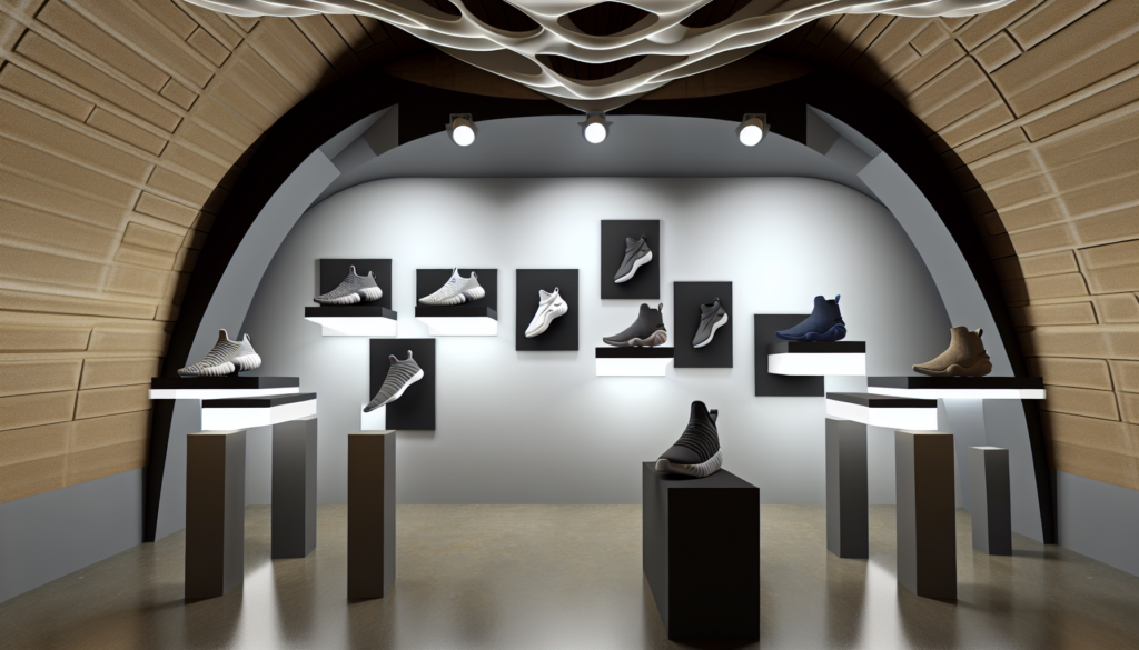 Salle de galerie avec des murs présentant divers modèles de baskets sur des piédestaux, dans un style réaliste.
